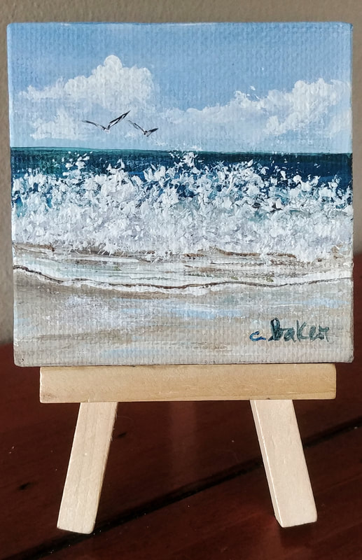 Ocean wave mini canvas painting 4×4 inches with mini easel